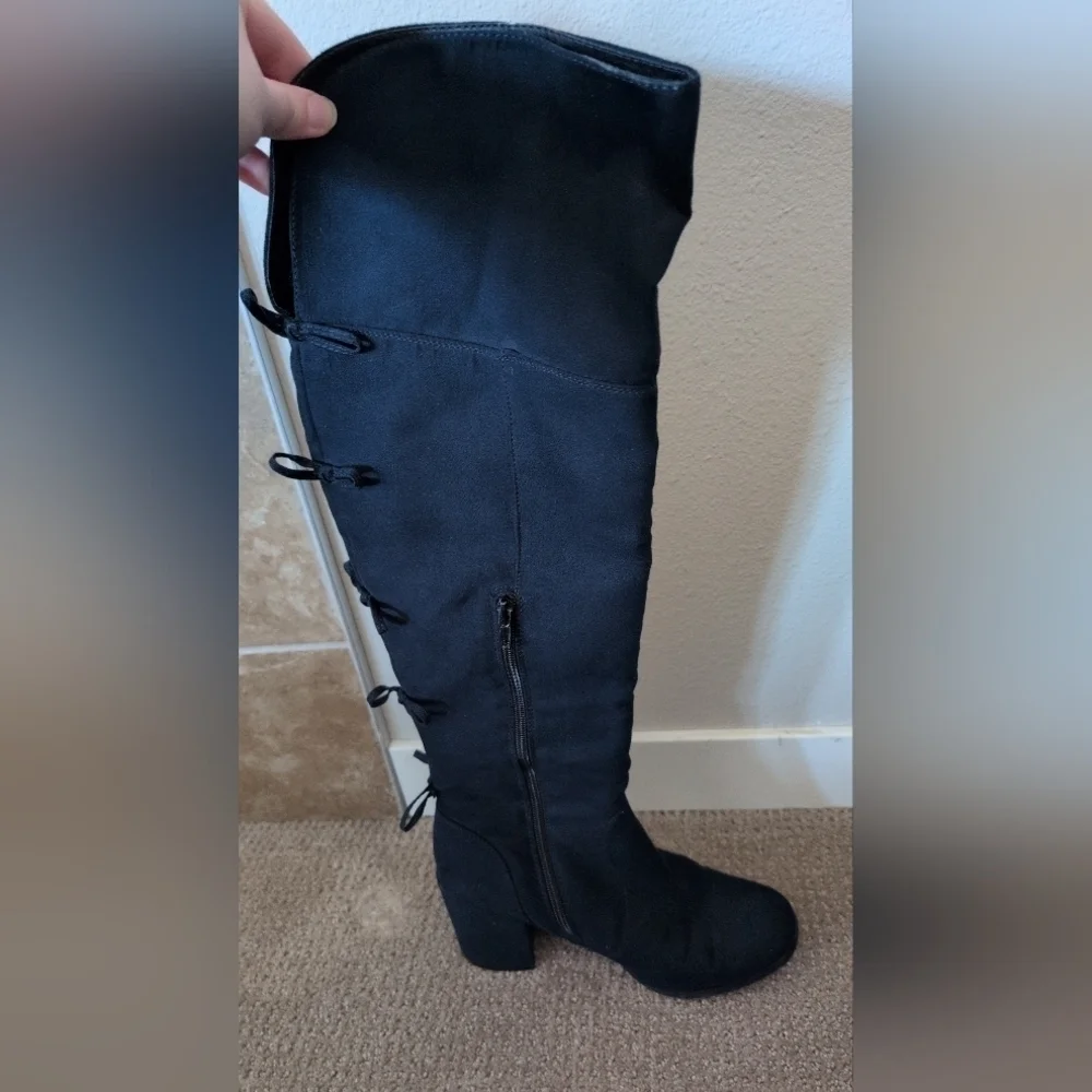 Charming Charlie Tall Heeled Bow Detail Navy Suede Boots
